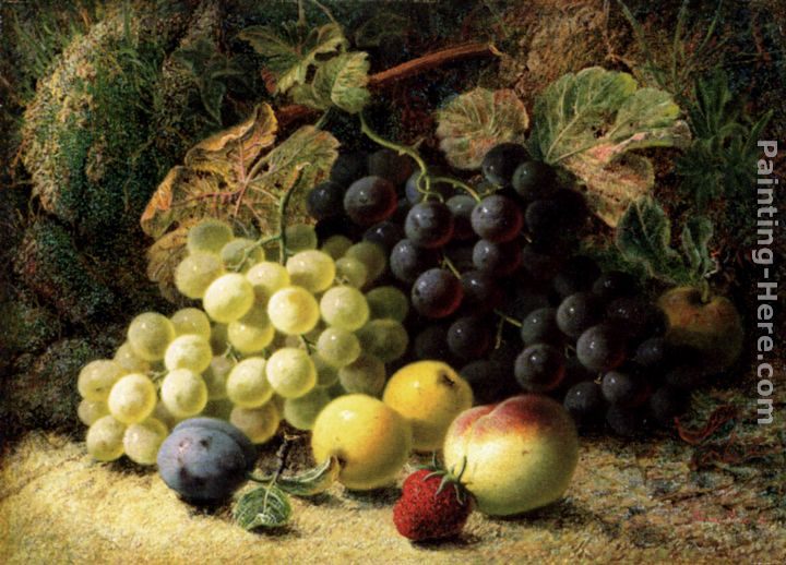 Oliver Clare Grapes, Apples, A Plum, A Peach And A Strawberry, On A Mossy Bank